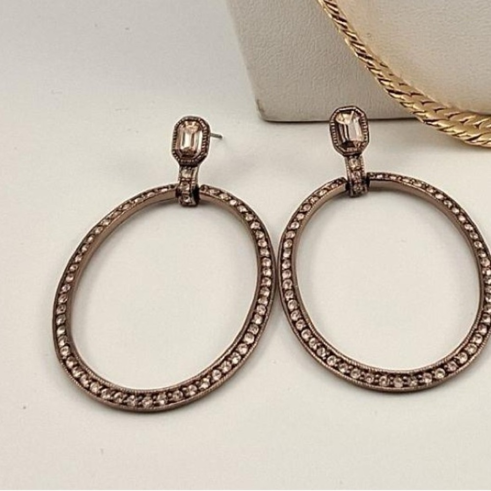 Givenchy‎ Vintage Gold Pavé Hoop Drop Earrings Crystal Designer Statement - Picture 3 of 7